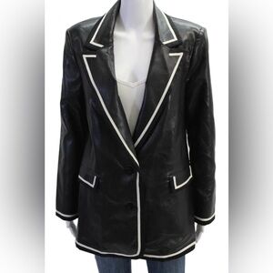 Alice + Olivia Womens Striped Print Faux Leather Blazer Black Size 8